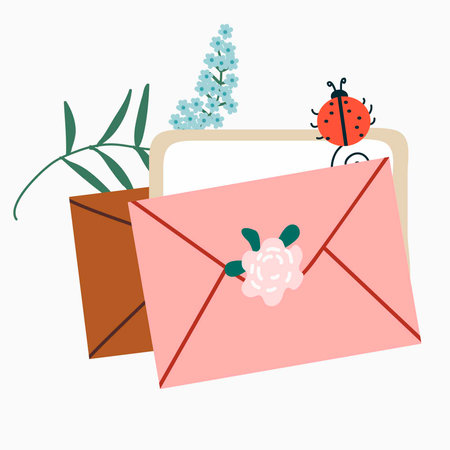 Envelope with paper letter and greeting card. Correspondence, spring postcard with flowers. Flat vector illustration of mail isolated on white backgroundのイラスト素材