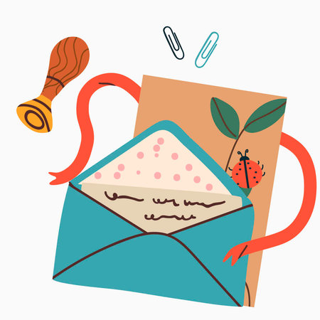 Envelopes with a postcard, Paper correspondence tied with green sprig, ribbon with stamp. Color flat vector illustration isolated on white background.のイラスト素材