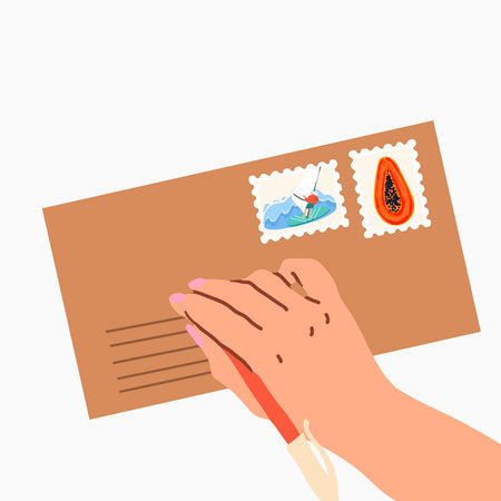 The man's hand writes the address on a kraft envelope, fills in the lines. Postage. Hand drawing vector illustration on white background isolated.のイラスト素材