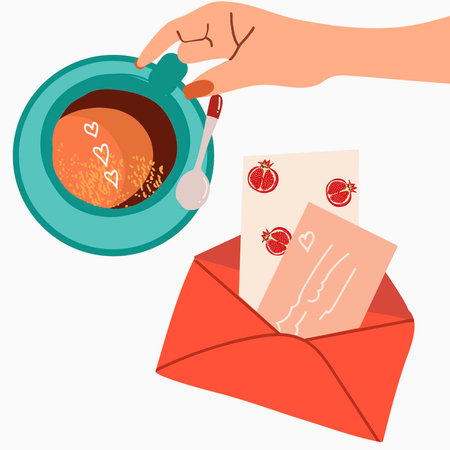 A woman's hand holds a cup of coffee, cocoa, next to it lies a paper open letter with a card and invitation. Flat vector illustrationのイラスト素材