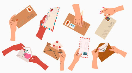 Hands sending letter. Female and male hand holding envelopes with stamps, write and read paper...