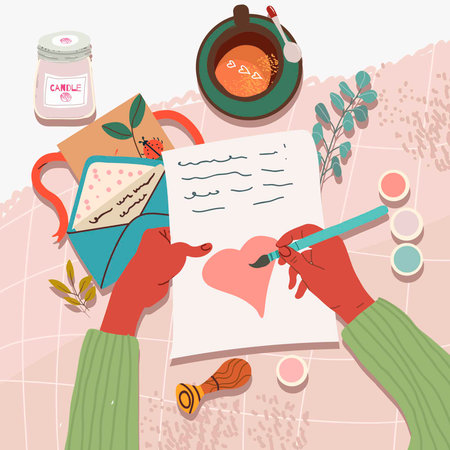 Male hands black persona, afro american man holding a piece of paper and drawing a heart with brush and paints, coffee, cocoa, hot chocolate, twigs, plants. Valentine, letter.のイラスト素材