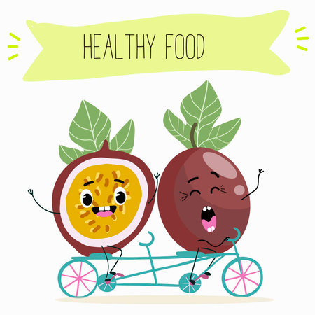 Cute passion fruit characters, funny fruits, funny berry with different activities. Flat vector illustration. Organic food, healthy food, illustrations for kids menu, invitations.のイラスト素材