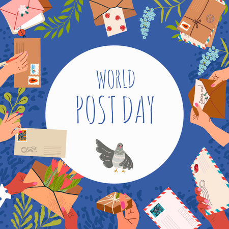 Vector graphic hand drawn world mail day, flat design, round background, border, frame with space for text world Post day.のイラスト素材