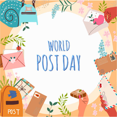 Vector graphic hand drawn world mail day, flat design, round background, border, frame with space for text world Post day.のイラスト素材