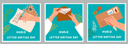 Vector illustration for letter writing day in September 1. World Letter Writing Day is a day that people from all around the world will pick up a pen or pencil write a letter. Poster, banner, card.のイラスト素材