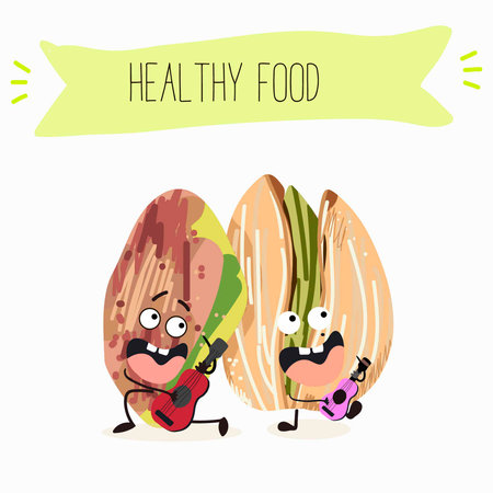 Cute pistachio nut characters, funny nuts, with different activities, outdoor, sports, musical instrument. Organic food, healthy food, illustrations for kids menu.のイラスト素材
