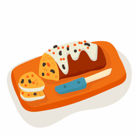 Cupcake sliced with knife, on wooden board, appetizing, vector hand drawn illustration.のイラスト素材