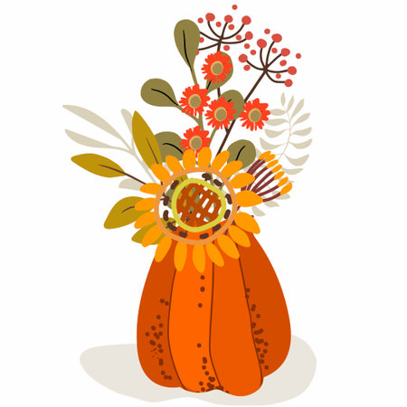 A bouquet of fall flowers. A vase in the shape of a pumpkin.のイラスト素材