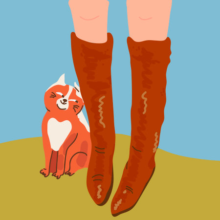 Feet in boots top view, cat pawing, rubbing, woman, girl, graceful, rubber boots. Hand drawn illustration.のイラスト素材