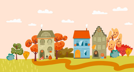 Autumn European village, cityscape vector illustration. Skyline with residential area, house construction, red autumn trees, fields, European cityscape panorama background. Vector cozy illustration.のイラスト素材