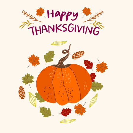Autumn mood greeting square card poster template. Welcome fall season thanksgiving invitation. Nature leaves, pumpkins, abstract autumn flowers. Vector illustration hand drawn.のイラスト素材