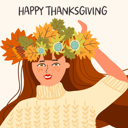 Thanksgiving square card. Portrait of a cute girl in a wreath of autumn leaves on her head. There are leaves of maple, oak and other trees in the picture. Vector and drawn illustration.のイラスト素材