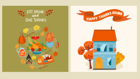 Thanksgiving hand drawn illustrations, characters, fall nature, fall vibes. Designs for greeting cards, posters, flyers, web pages. Vector cozy illustration with textures.のイラスト素材