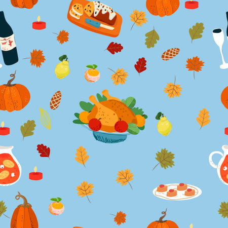 Seamless pattern design for Thanksgiving, eat, drink and give thanks, with holiday symbols, food, drinks, turkey. Illustration of thanksgiving with holiday table. Vector hand drawn illustration.のイラスト素材