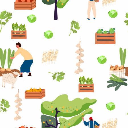 Seamless pattern with people gathering crops in autumn. Backdrop with farmers harvesting or collecting seasonal ripe fruits and vegetables. Hand drawn. Vector.のイラスト素材