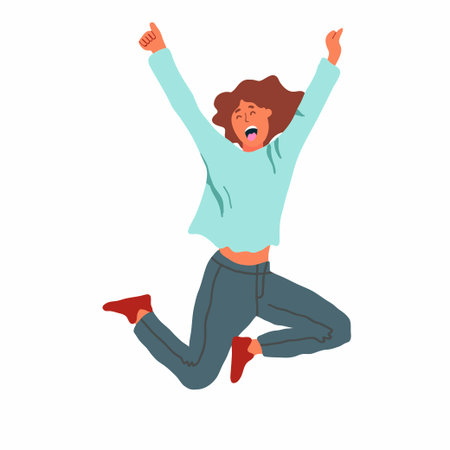 Happy young girl celebrating, rejoicing, having fun. Flat graphic vector illustration isolated on white backgroundのイラスト素材