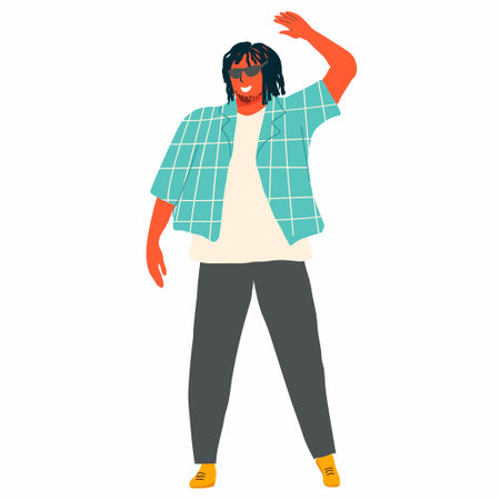 Guy, black man greeting, waving, having fun. Hand drawn vector illustration.のイラスト素材