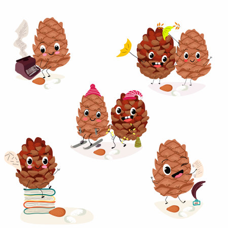 Cute pine nuts, characters, cedar cone, funny nuts, characters set, collection. Flat vector illustration. Activities, playing musical instruments, sports, funny nuts.のイラスト素材