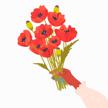 Hand Holding Bouquet of Flowers. Vector bouquet poppies, roses, red flowers hand holding. March 8, Valentine's Day, Mother's Day. Greeting Card, Banner, Poster. Vector illustrationのイラスト素材