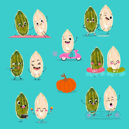 Cute pumpkin seeds, characters, funny nuts, funny vegetables characters set, collection. Flat vector illustration. Activities, playing musical instruments, sports, funny nuts.のイラスト素材