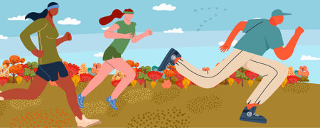 Fall marathon. Jogging, running people. Active healthy runners, runners training in a city park, against the backdrop of urban nature, participate in the fall marathon.のイラスト素材