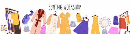 Hand drawn sewing studio, measures for sewing composition, product sewing space, creative space, loft with windows, hand drawn, vector.のイラスト素材