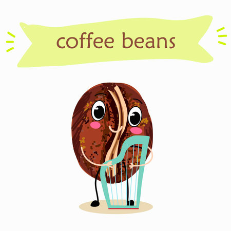 Cheerful happy coffee bean characters with coffee cup, vector mascot icons. Funny cute coffee beans with various activities, hand drawn vector illustration.のイラスト素材