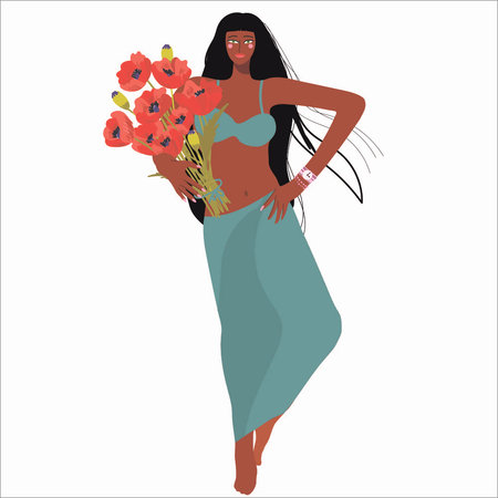Black girl with bouquet of poppies, in pareo, girl power, mom's day, mother's day, mother's day, romantic, symbol of femininity. Vector hand drawn illustration.のイラスト素材
