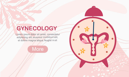 Landing page with uterus in clock illustration, banner about women's health, menstruation or conception. Vector template with copy space, flat design.のイラスト素材