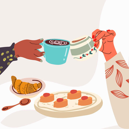 Hands holding tea cups. Coffee mugs cheers. Girls friends, couple drinking hot beverage, hand drawn. Breakfast gathering, meeting. Flat graphic vector illustration isolated on white backgroundのイラスト素材