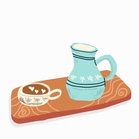 Coffee, capuccino cup, served on wooden board, tray. Cozy aesthetic jug. Flat vector illustration.のイラスト素材