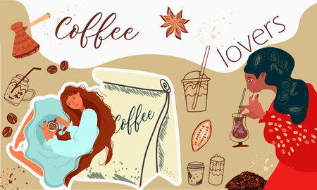 Collage coffee lovers, people characters, contemporary art. Inspiration, idea, trendy style. Background, template, banner. Hand drawn vector illustration.のイラスト素材