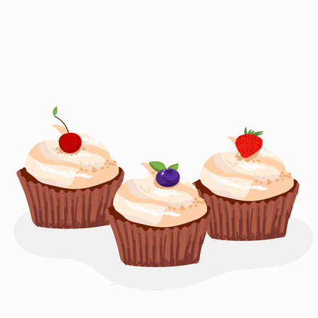 Muffins decorated with whipped cream cheese and berries. Sweet muffins in paper cups. Dessert pastries, sugar snacks, small cakes. Hand drawing. Flat vector illustration isolated on white backgroundのイラスト素材
