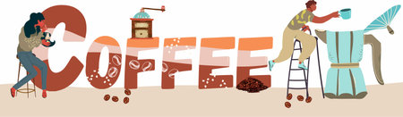 Text coffee, people tiny, with ogorem letters, character, coffeemania, coffee pot, equipment. Word, huge letters, inscription. Hand drawn vector illustration.のイラスト素材