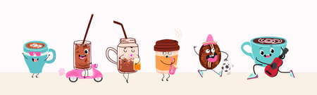 Set of cute coffee characters in trendy kawaii style. Take away cups, mugs and beans with hot beverage. Banner, card, poster design. Hand drawn vector illustration.のイラスト素材
