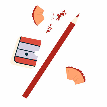 Set of vector illustrations of sharpened pencils, sharpener, pencil shavings and graphite isolated on whiteのイラスト素材
