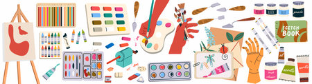 Art supplies, tool kit. Paint palettes, brushes, pencil set, pen, sketchbook, easel and canvas. Artists' equipment, drawing supplies. Flat graphic vector illustration.のイラスト素材
