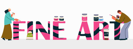 Fine Art text. Color lettering with people painting with brushes, tubes, cans of paint, interior painting, designer, professional, artist, art workshop, creativity, leisure, hobby. Flyer, banner.のイラスト素材