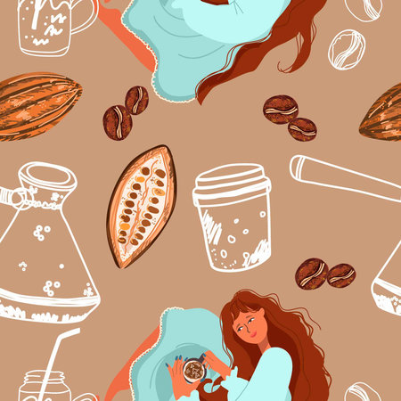 Seamless background with coffee symbols, accessories. Will be useful for restaurant, packaging, menu and interior design, wrapper, menu. Hand drawn vector illustration.のイラスト素材