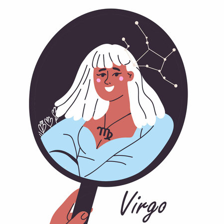 Virgo woman, zodiac sign. Modern stylish female character, astrological horoscope avatar. Beautiful person reflected in a mirror, looking at herself. Girl astrologer. Flat graphic vector illustration, hand drawn.のイラスト素材