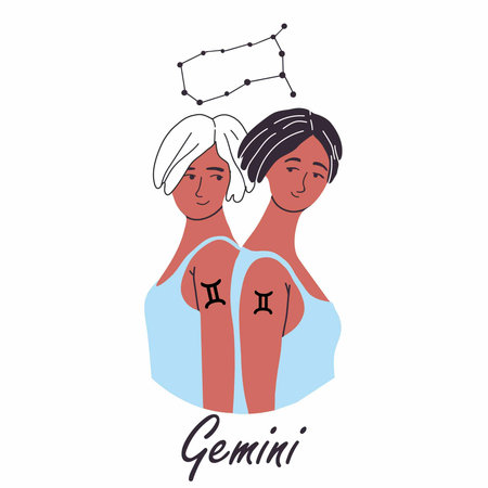 Gemini girls, astrology zodiac sign. Women twins, astrological horoscope avatar. Women characters with star constellation. Flat vector illustration, hand drawn.のイラスト素材