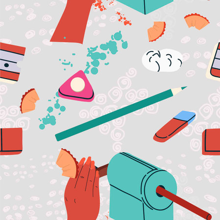 Seamless pattern with art supplies, hand drawn style. Art workshop, fine art, hobby, pastime. Trendy modern vector illustration, flat design.のイラスト素材