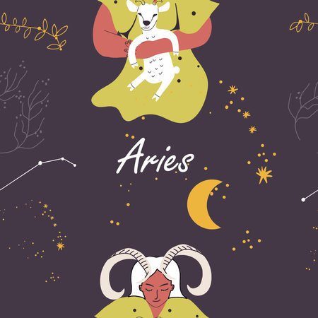 Seamless pattern zodiac sign Aries. Modern stylish female character, avatar of astrological horoscope. Blooming constellation, twig, branch. Flat hand drawn graphic vector illustration.のイラスト素材