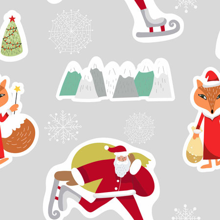 Merry Christmas and Happy New Year! Seamless pattern, sports santa, new year symbol, hand drawn vector illustration.のイラスト素材