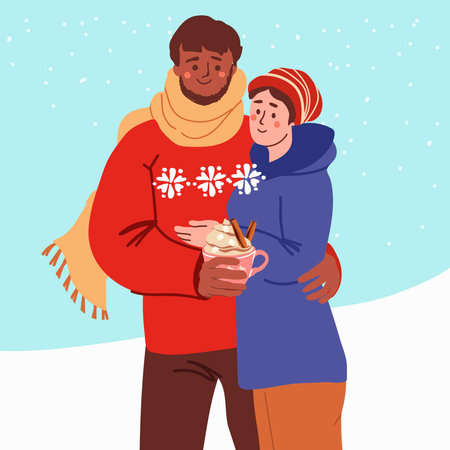 Hugging couple in winter clothes. Man and woman in love, happy family on a walk. Winter romance. Flat. Hand drawn vector illustration.のイラスト素材