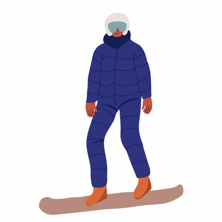A man in sports overalls is snowboarding. Woman, man engaged in outdoor activities in winter. Seasonal outdoor activity. Man in goggles glides on the board.のイラスト素材