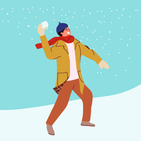 Young man with a scarf a snowball in his hand. Winter. Boy playing snowballs in hand drawn style. Flat vector illustration Isolated on white background.のイラスト素材