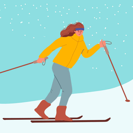 Vector illustration of skier. Sports men in the ski resort. Winter seasonal activity.のイラスト素材