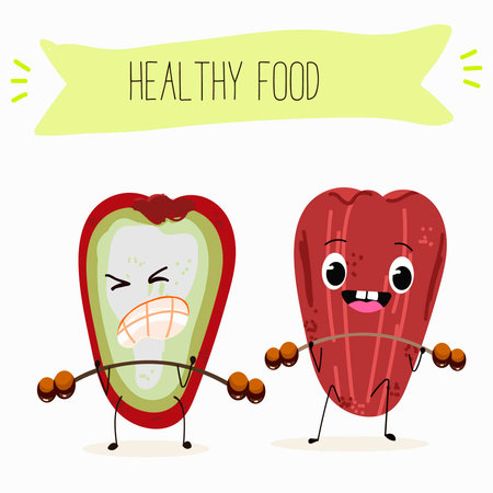 Cute chompu fruits, rose apple, Malabar plum characters, funny fruits, different activities. Flat vector illustration. Organic food, healthy food, illustrations for kids menu, invitations.のイラスト素材